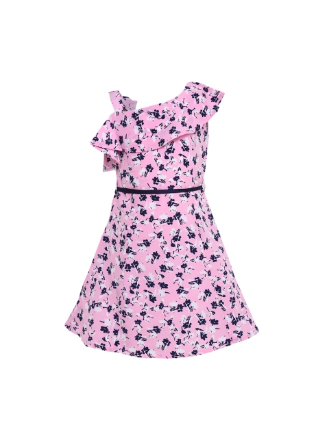 

Aarika Girls Pink & Navy Blue Printed Fit and Flare Dress