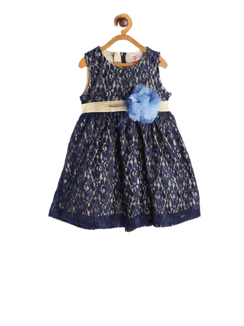 

612 league Girls Navy Blue Self Design Fit and Flare Dress