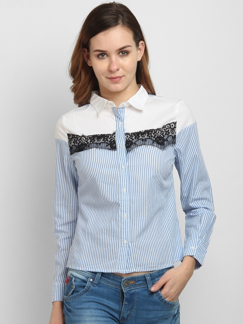 

LA LOFT Women Blue & White Regular Fit Striped Casual Shirt