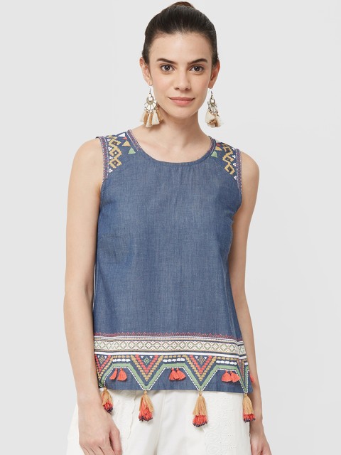 

Naari Women Blue Printed Pure Cotton Top