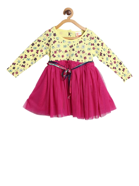 

612 league Girls Yellow & Magenta Printed Fit and Flare Dress