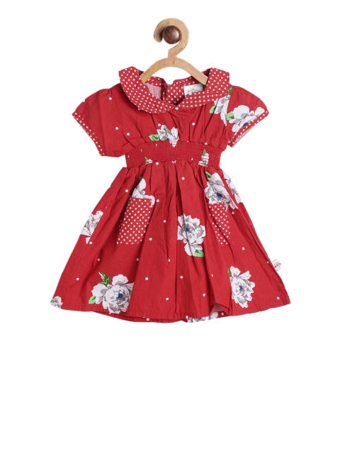 

612 league Girls Red Printed Fit and Flare Dress