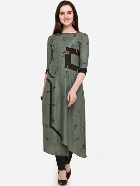 Kvsfab Women Olive Green Printed A-Line Kurta