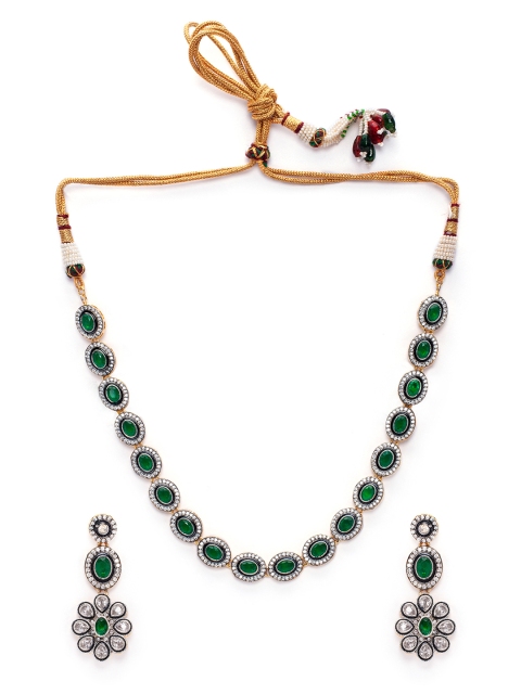 

Rubans Women Gold Plated, Black & Green CZ Studded Faux Emerald Embellished Jewellery Set
