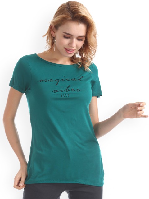 

Elle Women Green Solid Round Neck T-shirt