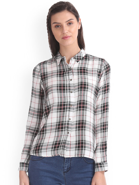 

Cherokee Women White & Black Regular Fit Checked Casual Shirt