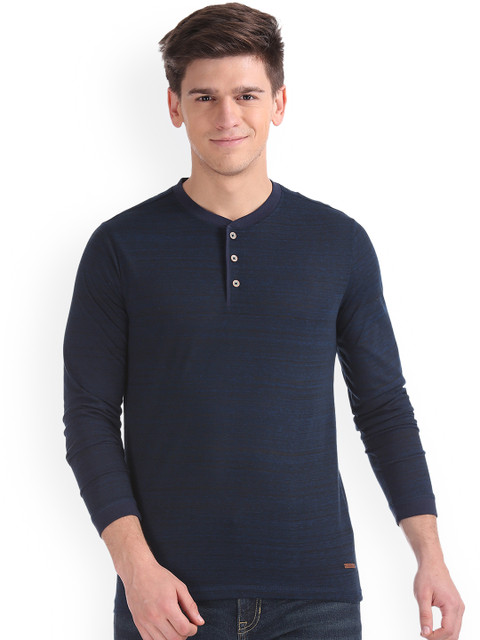

Cherokee Men Navy Blue Striped Henley Neck Slim Fit T-shirt
