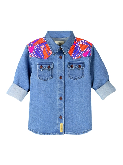 

Cherry Crumble Boys Blue Regular Fit Solid Casual Denim Shirt