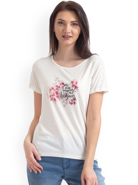 

Elle Women White Printed Round Neck T-shirt