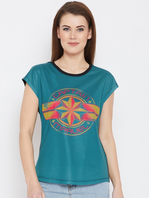 

Marvel by Wear Your Mind Women Teal Blue Captain Marvel Printed Top