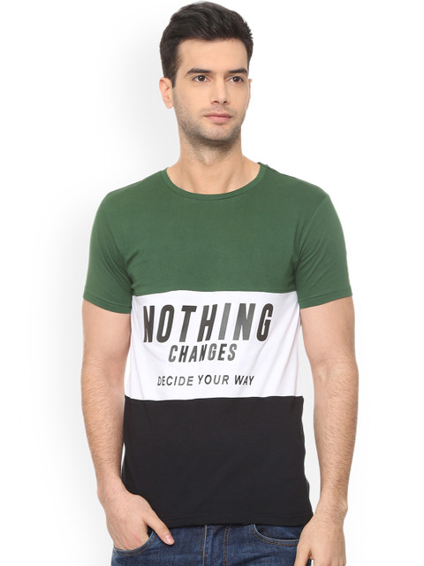 

People Men Green & White Printed Round Neck T-shirt
