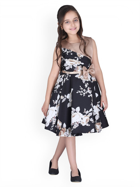 

CUTECUMBER Girls Black Printed Fit and Flare Dress
