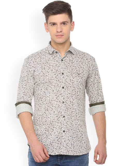 V Dot Men Off-White & Brown Slim Fit Printed Casual Shirt