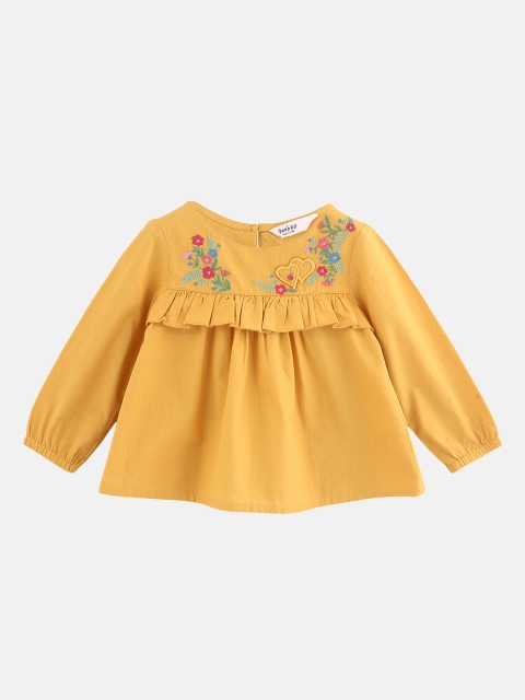 

Beebay Girls Mustard Yellow Embroidered A-Line Pure Cotton Top