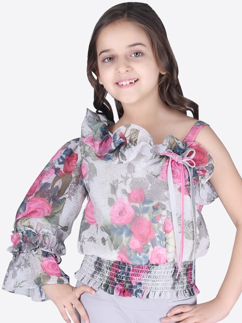 

CUTECUMBER Girls Grey & Pink Printed Blouson Top
