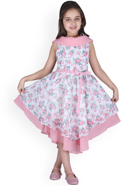 

CUTECUMBER Girls Off-White & Peach Printed Fit and Flare Dress
