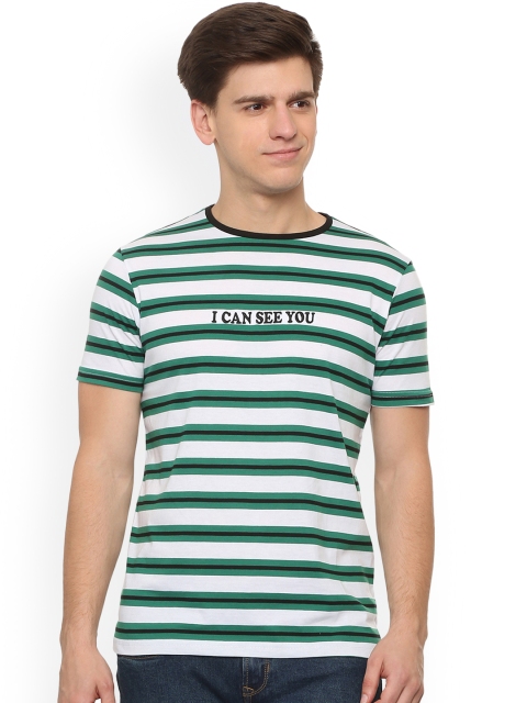 

People Men Green & White Striped Round Neck T-shirt