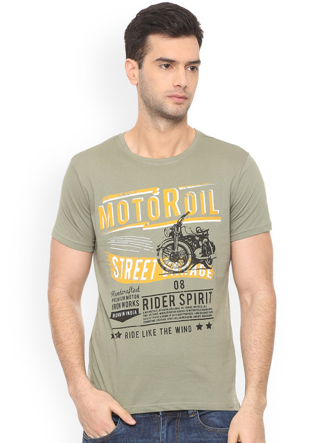 

People Men Olive Green Printed Round Neck T-shirt