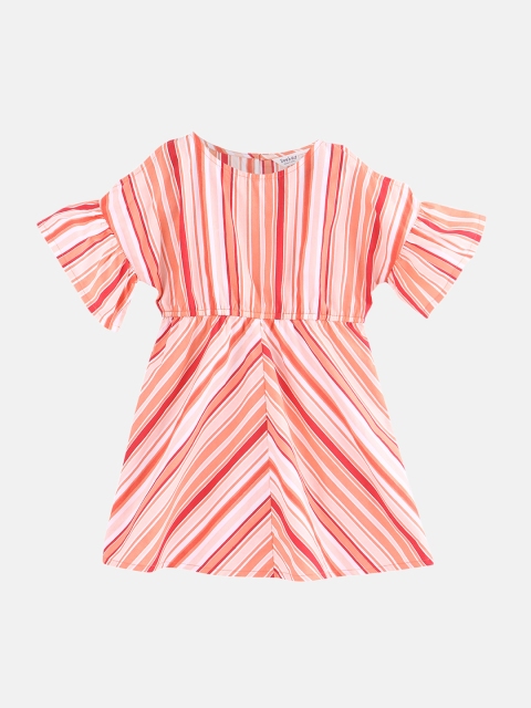 

Beebay Girls Coral Orange Striped Fit and Flare Dress