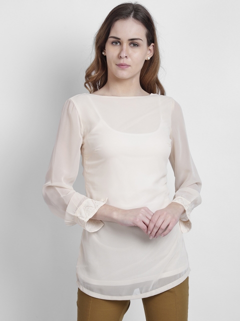 

LA LOFT Peach-Coloured Solid Boat Neck Tunic