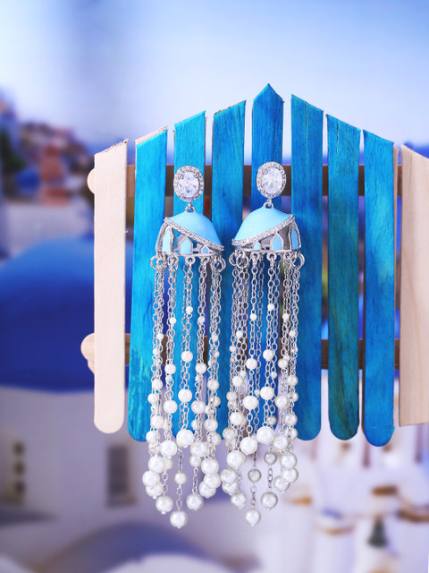 

Studio Voylla Silver-Toned & Blue Dome Shaped Handcrafted Jhumkas