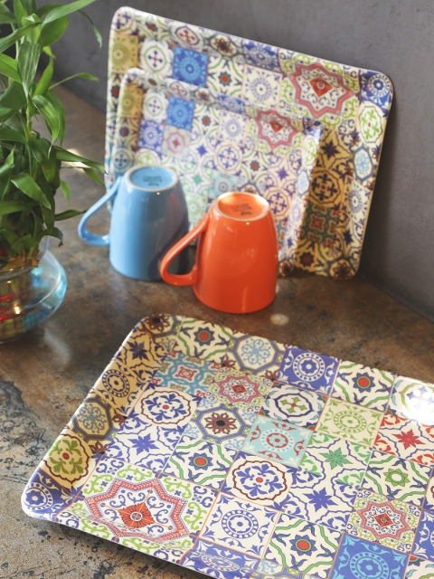 

GOODHOMES Set of 3 Multicoloured Melamine Rectangular Serving Trays Set, Multi