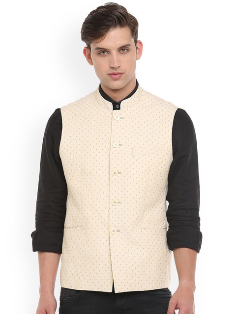 

Linen Club Men Off-White Printed Linen Nehru Jacket
