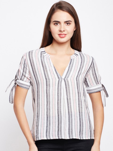 

Oxolloxo Women White & Grey Striped A-Line Pure Cotton Top