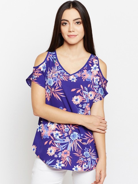 

Oxolloxo Women Blue & Purple Printed Cold-Shoulder Sleeves Top