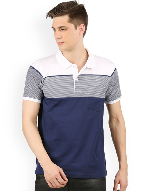 

WEXFORD Men Navy Blue Striped Polo Collar Pure Cotton T-shirt