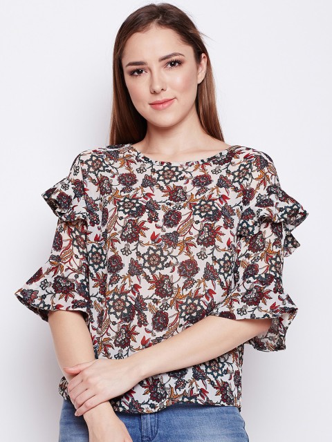 

Oxolloxo Women Peach-Coloured & Brown Printed Bell Sleeves Top