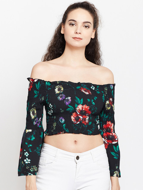 

Oxolloxo Women Black Printed Bell Sleeves Bardot Top