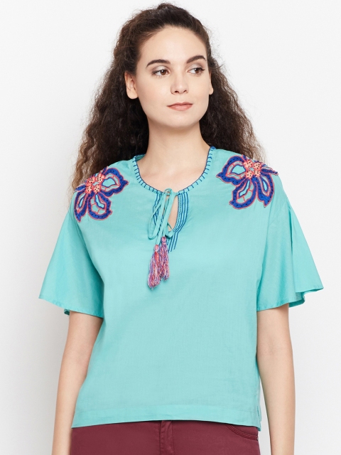 

Oxolloxo Women Sea Green Solid A-Line Top