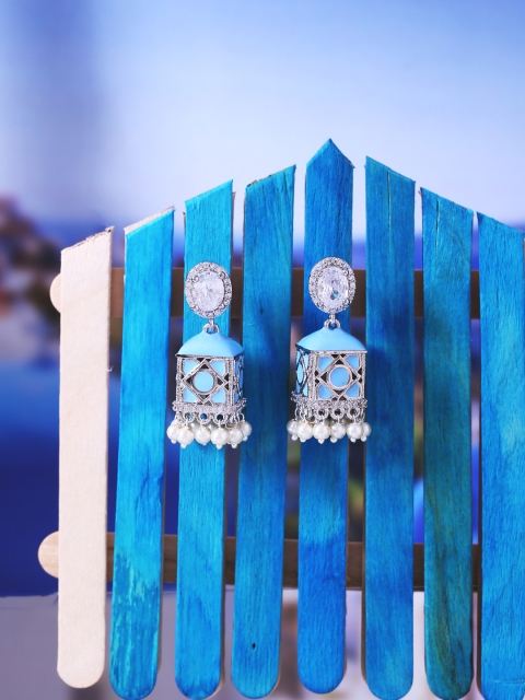 

Studio Voylla Silver-Plated & Blue Handcrafted Dome Shaped Jhumkas