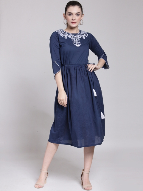 

plusS Women Navy Blue Embroidered Fit and Flare Dress