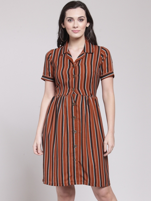 

plusS Women Maroon & Black Striped Shirt Dress
