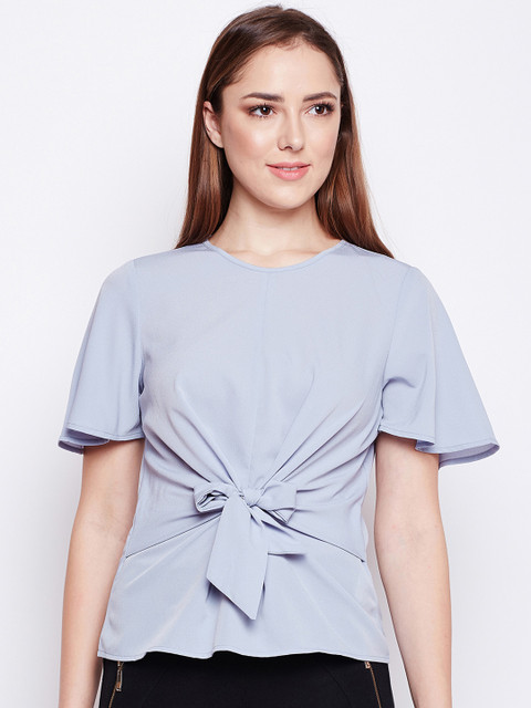 

Oxolloxo Women Grey Solid Flared Sleeves Cinched Waist Top