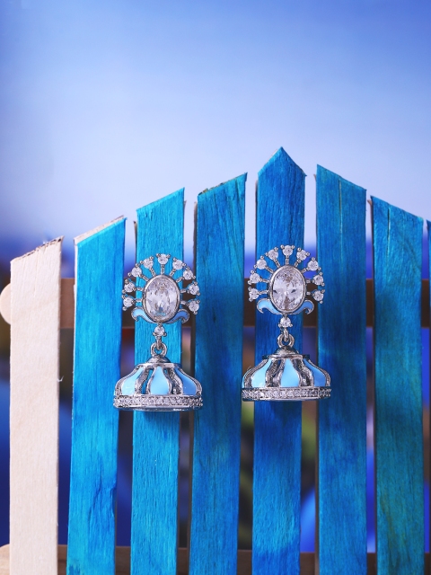 

Studio Voylla Silver-Toned & Blue Dome Shaped Jhumkas