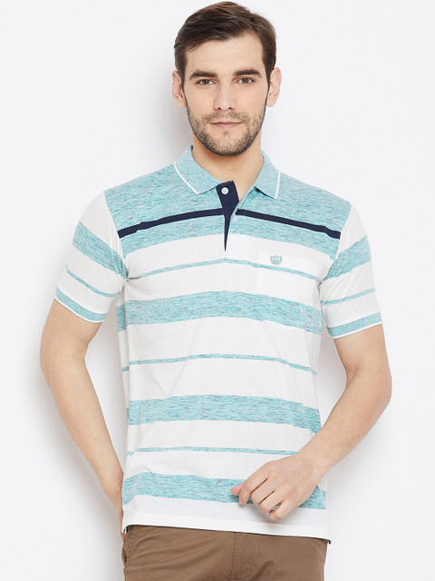 

Duke Men White Striped Polo Collar T-shirt