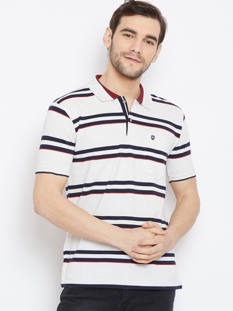 

Duke Men White Striped Polo Collar T-shirt