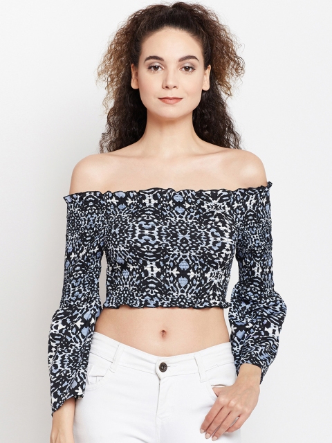 

Oxolloxo Women Black Printed Bell Sleeves Bardot Top