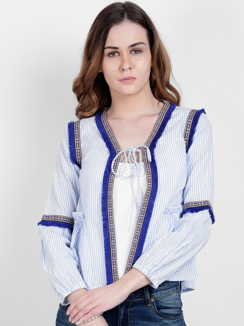 

LA LOFT Women Blue Striped A-Line Top