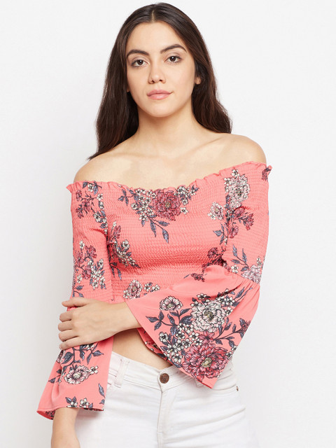 

Oxolloxo Women Coral Pink Printed Bardot Bell Sleeves Top