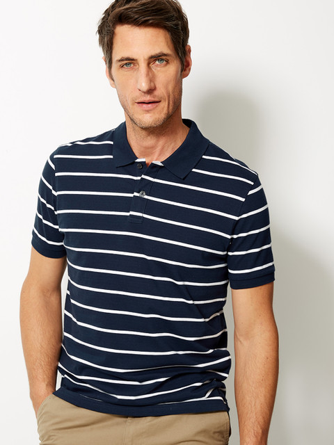 

Marks & Spencer Men Navy Blue & White Striped Polo Collar T-shirt
