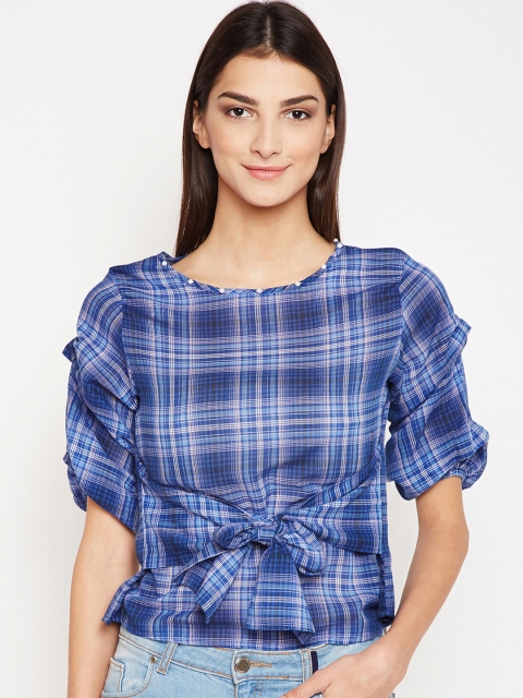 

Oxolloxo Women Blue Checked Cinched Waist Pure Cotton Top