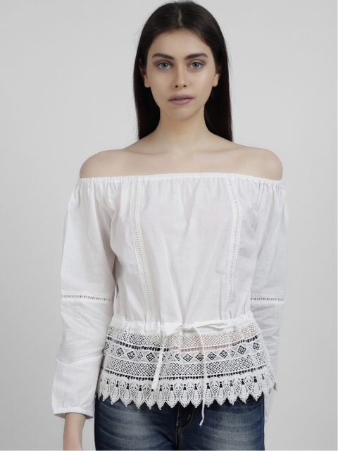 

LA LOFT Women White Solid Bardot Pure Cotton Top