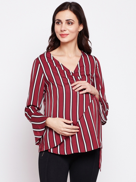 

Oxolloxo Women Maroon Striped Maternity Wrap Top