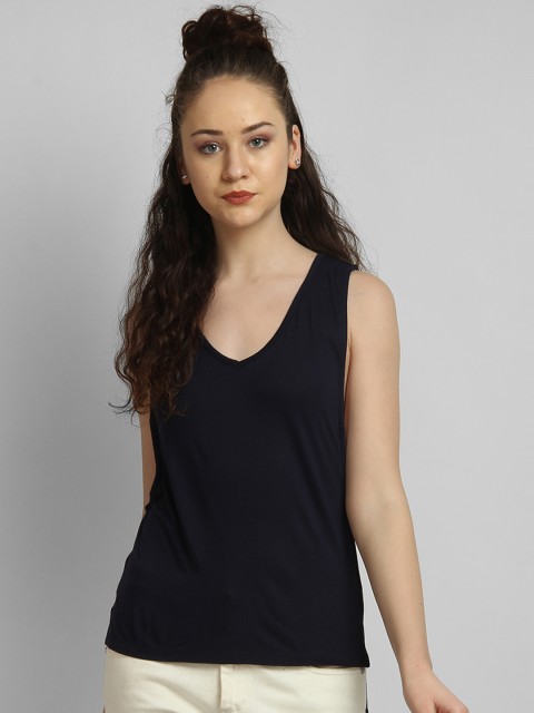 

LA LOFT Women Navy Blue Solid V-Neck T-shirt
