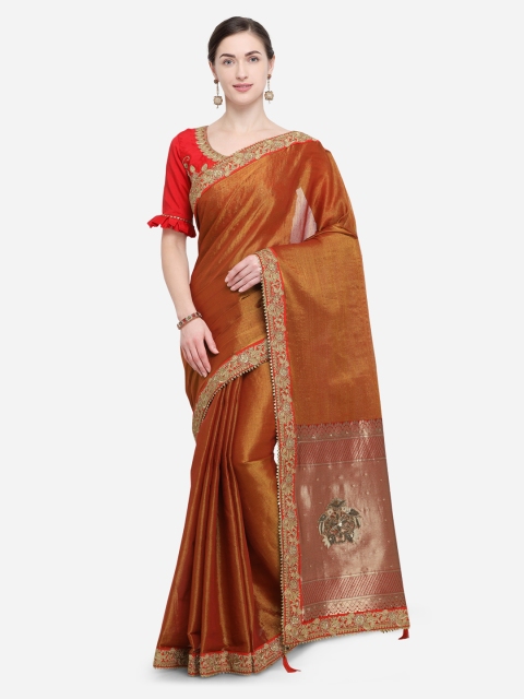 

Indian Women Orange Solid Pure Silk Saree