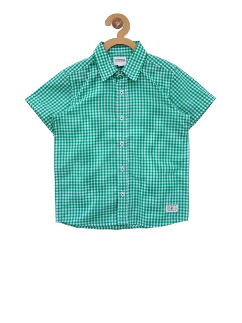 Campana Boys White & Green Regular Fit Checked Casual Shirt